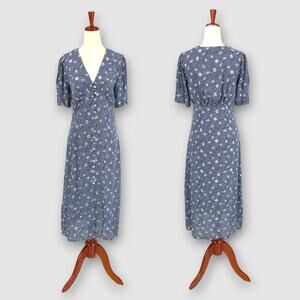 Simple Retro Blue Seashell Print Midi Dress Button Front Cottagecore Size Medium